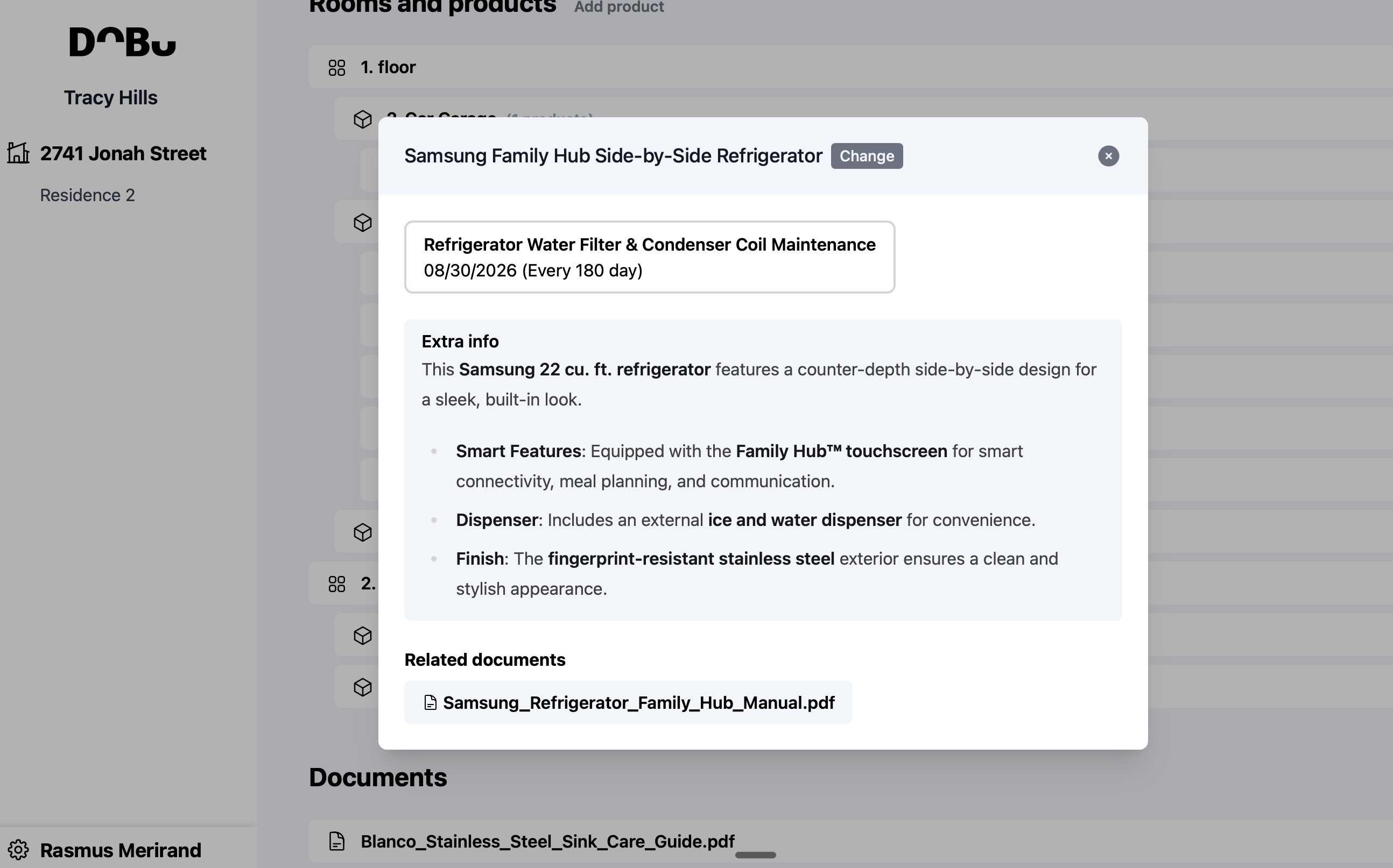 DoBu modal showing Samsung Family Hub refrigerator product details and manual